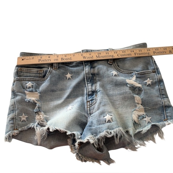 Eunina Jean Shorts Large Stretch Denim Lulu High Rise Distressed Embroider Stars - Picture 4 of 15